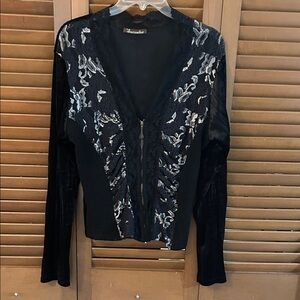 + EUC Black and Silver Lace On Sweater/Velvet Cardigan